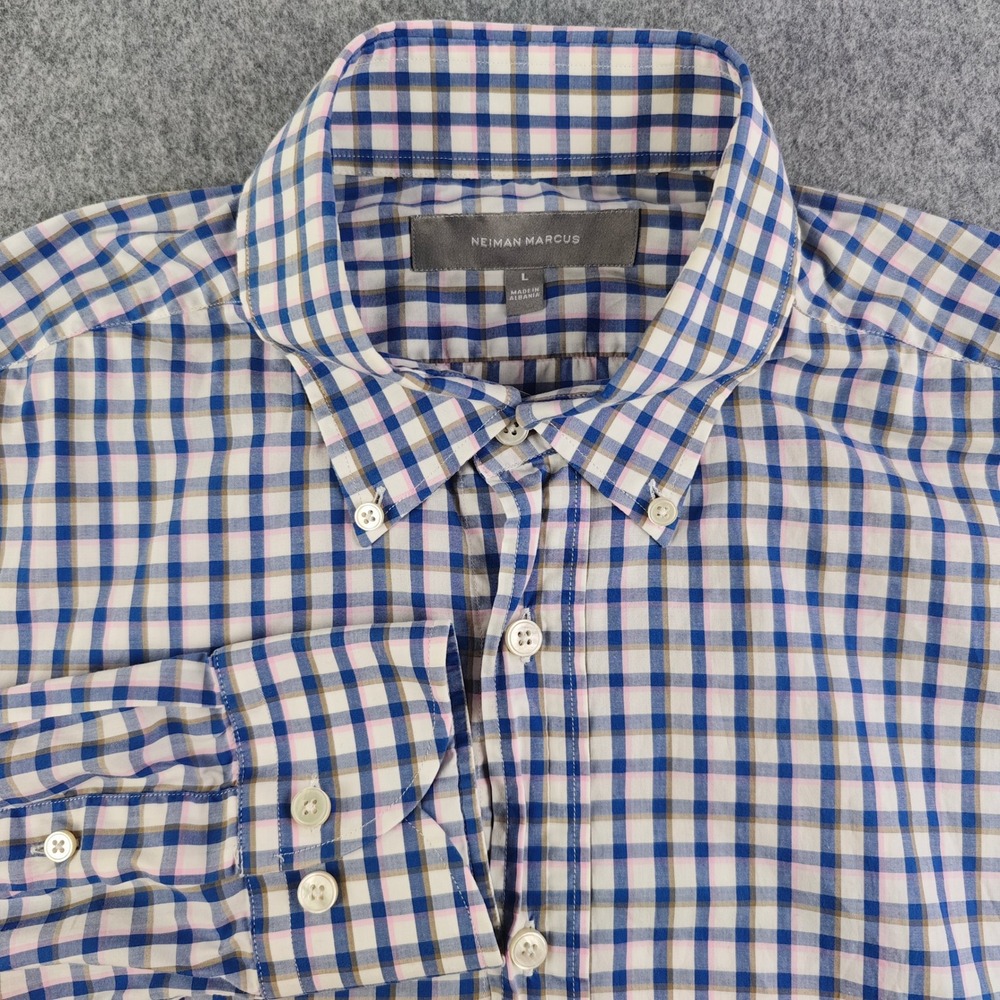 Neiman Marcus Button Down Shirt Mens Large Blue Pink Plaid Long Sleeve Cotton